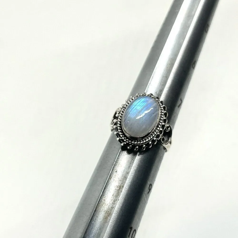 STERLING SILVER MOONSTONE Ring Oval Cabochon India  Signed Vintage Size 7.5